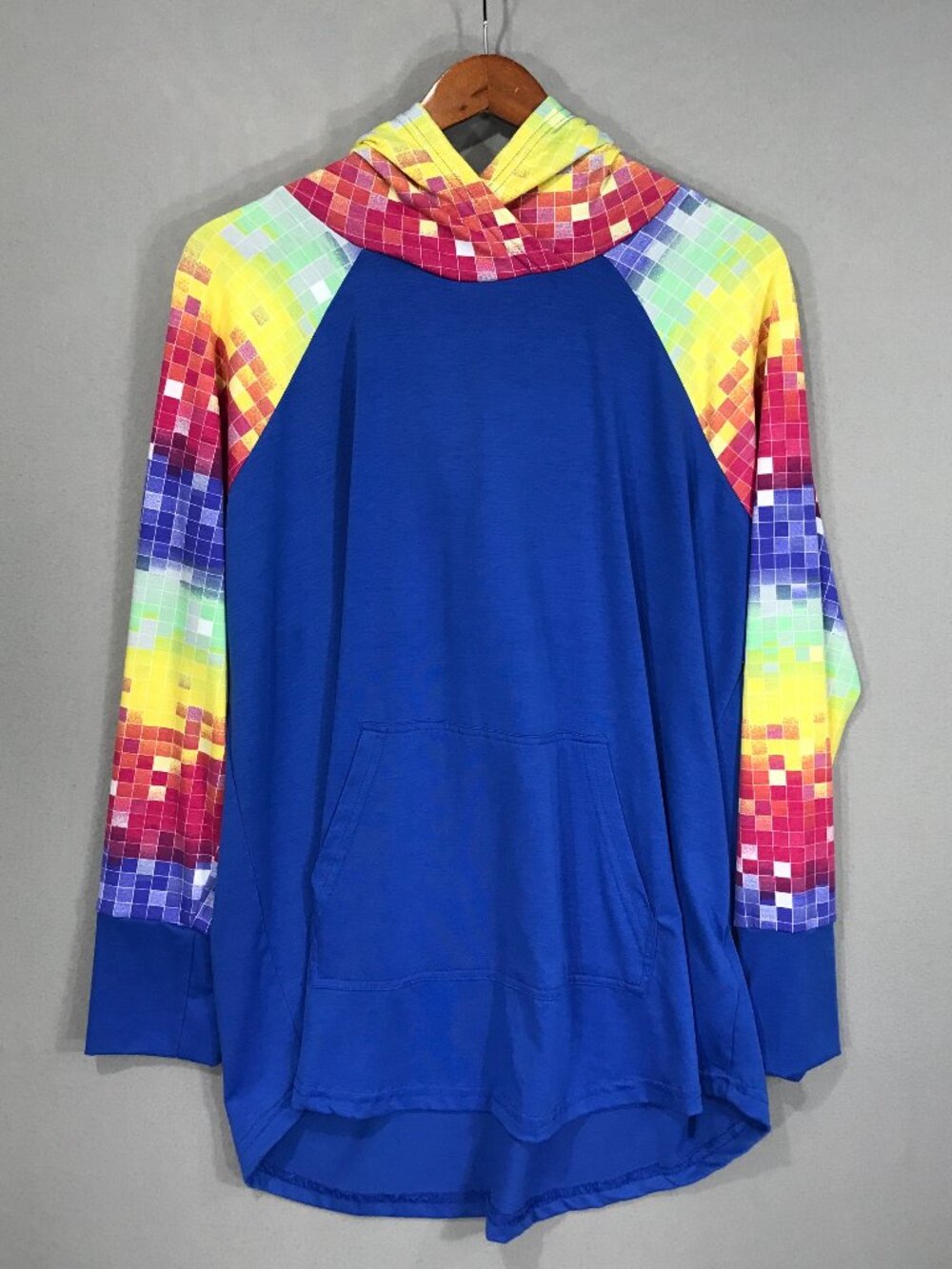 LuLaRoe Amber Hoodie Womens XL Blue Check Athleisure Soft Top Long Sleeve Casual